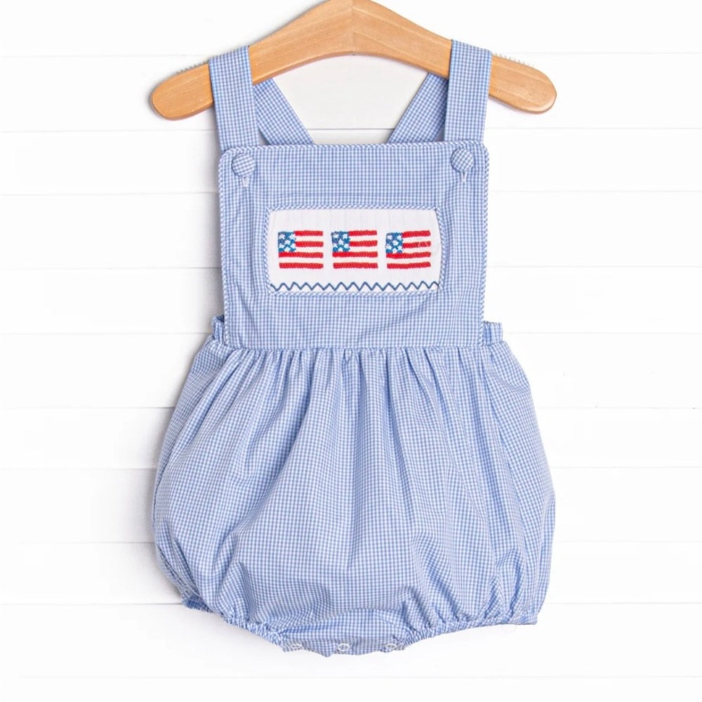 Stitchy Fish, Baby Boy American Flag Smocked Cross Back Bubble Romper, Blue